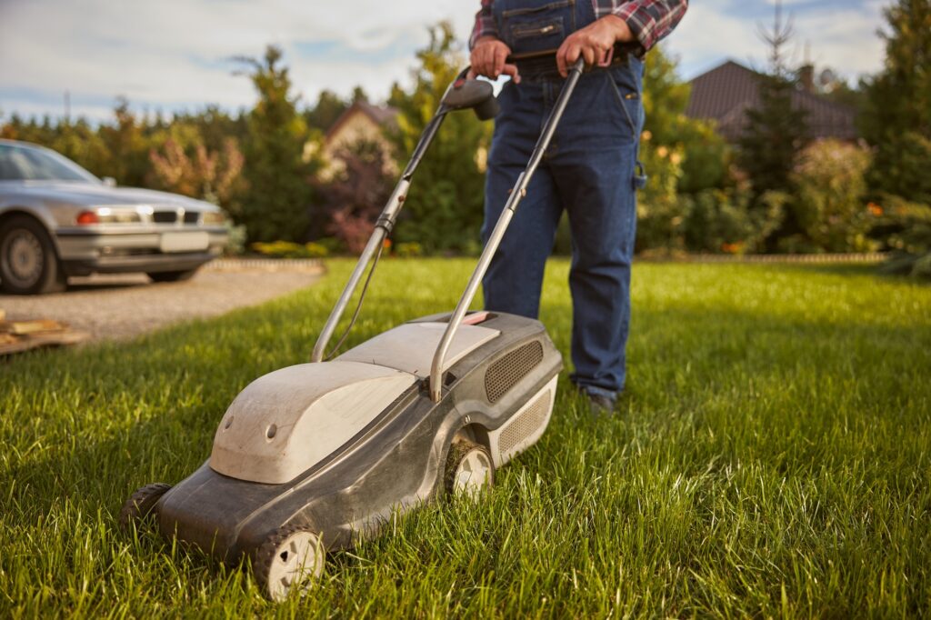 Responsible gardener mowing a lawn with a grass trimmer
